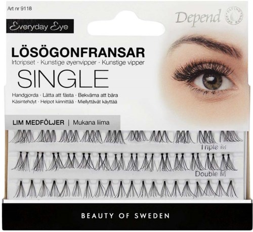 A pack of false eyelashes labeled as single, easy to classify, with three types: triple, double, and plain. Features a close-up of an eye.