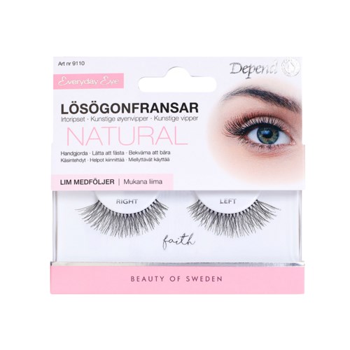 A package of natural-looking fake eyelashes with right and left sides, labeled 'faith,' from Sweden, with eye image on top.