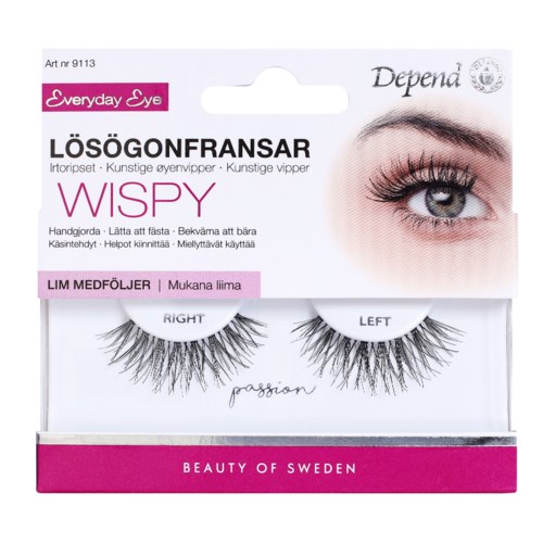 Fake eyelashes named 'Wispy' for right and left eyes, with product details in Swedish and pink accents.