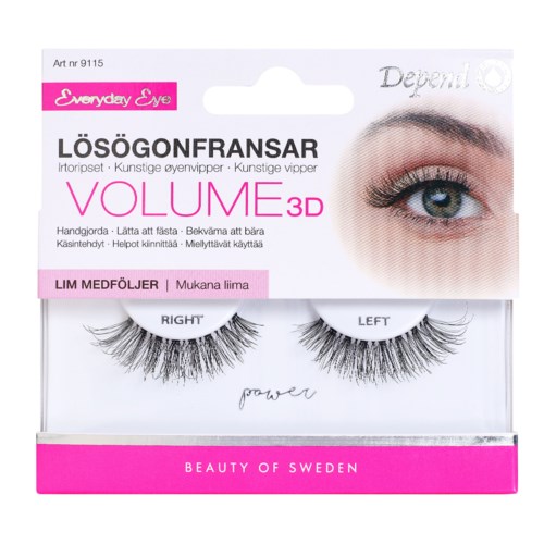 Artificial false eyelashes labeled as volume 3D, designed for right and left eyes, with a pink and white packaging.