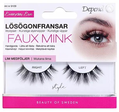 False mink eyelash extensions in packaging show a close-up eye with long, full lashes labeled "right" and "left."