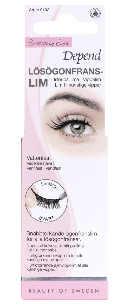 Product for false eyelashes, waterproof, easy to use, with a black adhesive. Comes in pink and white packaging.