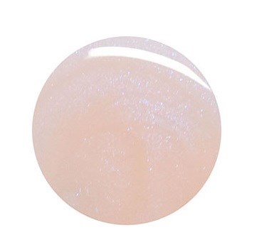 A soft pink spherical object with a shiny surface and some glitter-like sparkles.