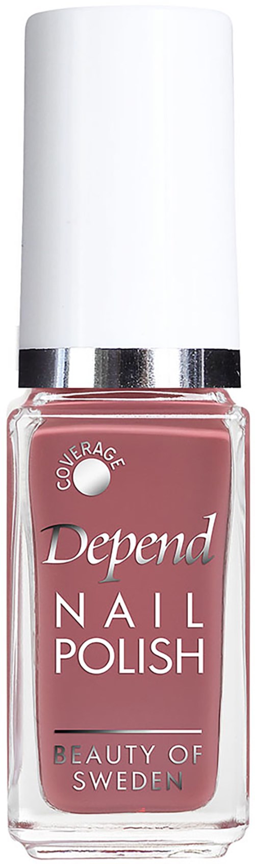 Eine pinke Flasche Depend Nagellack mit weißem Deckel und Silberstreifen, als schwedisches Schönheitsprodukt gekennzeichnet.