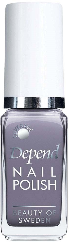 A bottle of Depend nail polish with a purple color, white cap, and silver band at the top.