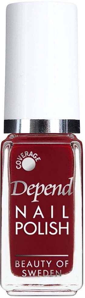 Eine Flasche roter Nagellack mit weißem Deckel und silbernem Band, gekennzeichnet "Depend Nail Polish" aus Schweden.