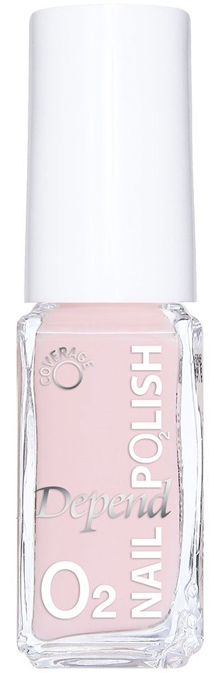 A bottle of O2 nail polish in light pink with a white cap, labeled 'Depend' and 'O2 Nail Polish'.