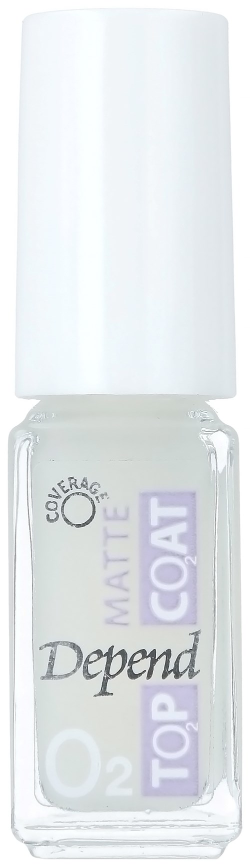 This is a clear nail polish bottle labeled "Depend Top Coat" that protects and adds shine to nails.