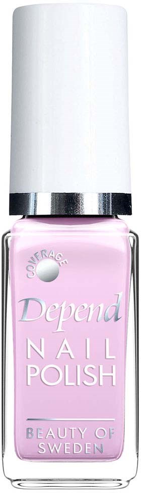 A light pink nail polish bottle with a white cap and silver band. Text says Depend Nail Polish, Beauty of Sweden.