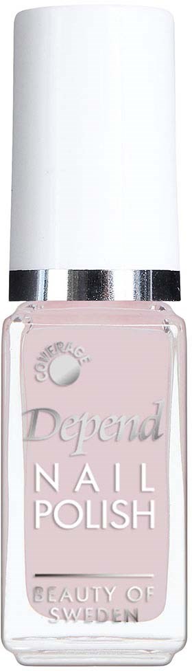 Eine Flasche pinken Nagellack mit weißem Deckel und Silberband, beschriftet 'Depend Nail Polish' aus Schweden.