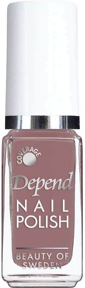 Eine Flasche rosa Depend Nagellack mit weißem und silbernem Deckel, beschriftet 'Coverage' und 'Beauty of Sweden.'