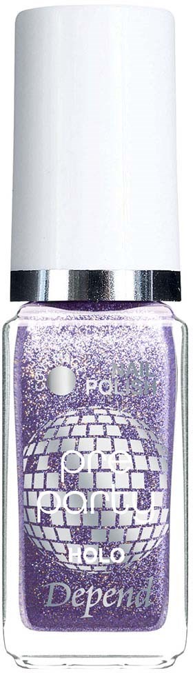 En lila nagellackflaska med vit lock och glittrigt glitter inuti.