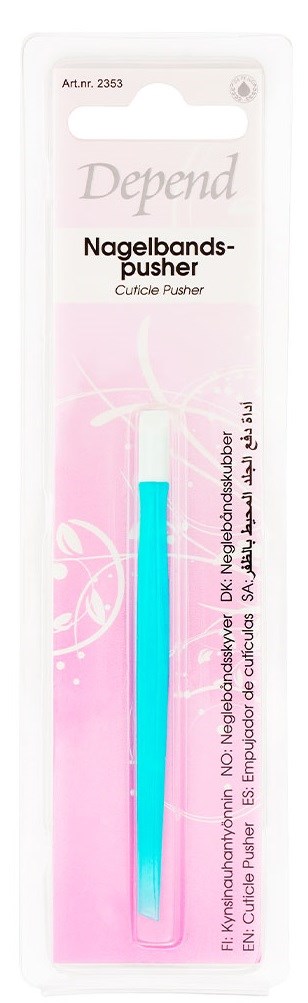 A pink and white box contains a blue nail polish remover stick with a white tip.