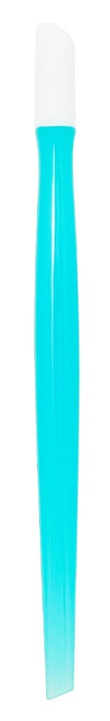 A blue and white ear cleaner with a long, slim handle and a rounded tip.