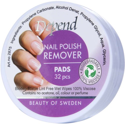 Sirkulært beholder med lilla og hvit etikett som viser neglelakkfjerner pads, merkevaren og ingredienser.