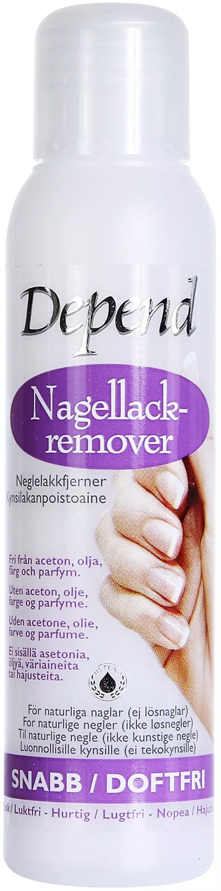 A white bottle with purple label for nail polish remover and hand illustration.