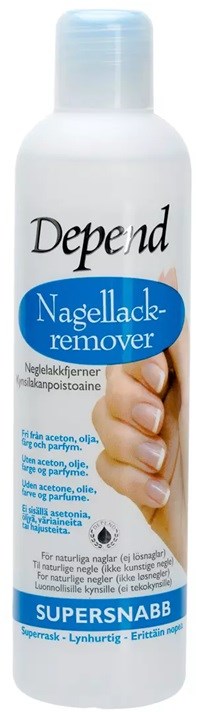 A white bottle of Depend nail polish remover with blue label, showing hands and information in multiple languages.