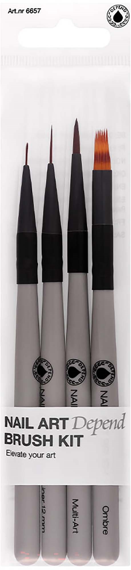 A nail art brush kit with four brushes, each with black handles and one with an orange tip, in packaging.