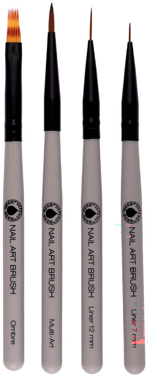 Four nail art brushes with black handles and different tip sizes and shapes. They are used for detailed nail designs.