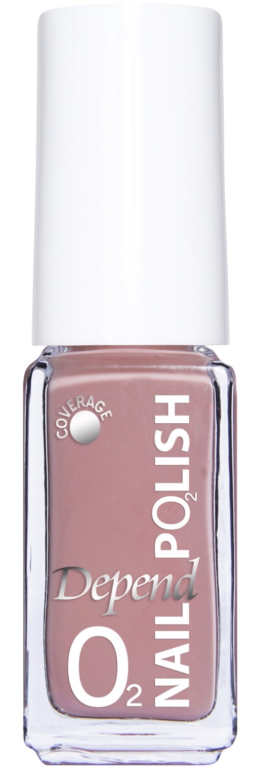 A bottle of Depend O2 Nail Polish with a white cap and pink polish inside.
