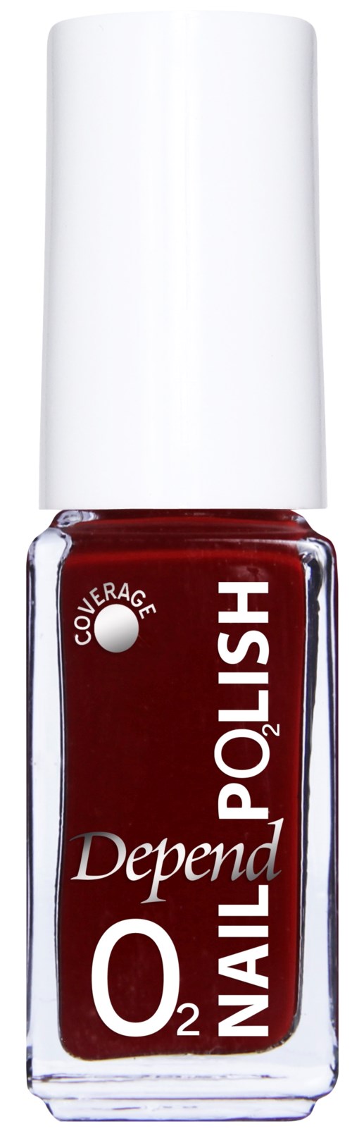 Red nail polish bottle with white cap labeled "Depend O2 Nail Polish" and "Coverage".