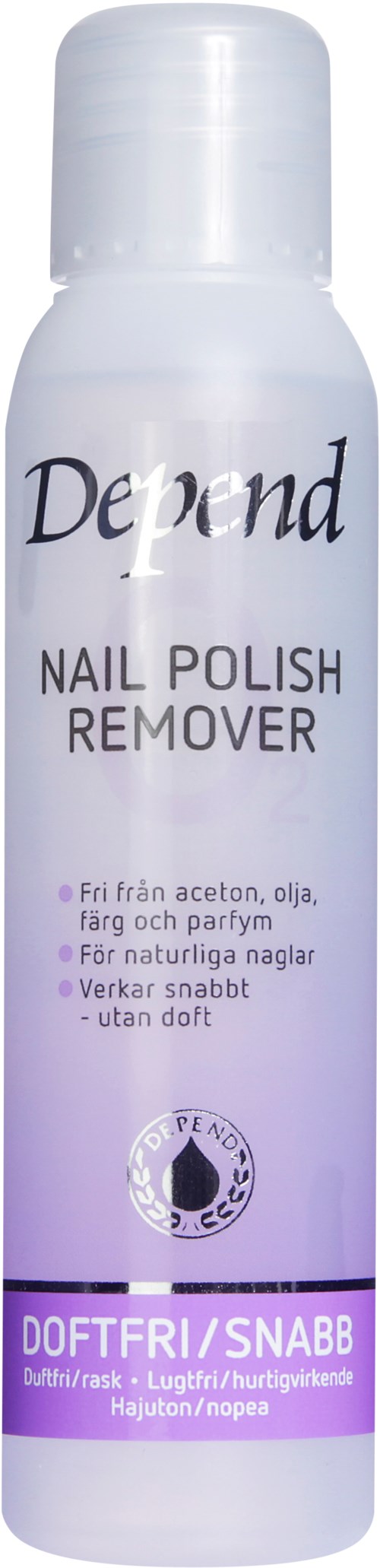 A white spray bottle labeled 'Depend' for removing nail polish, quick and scent-free.