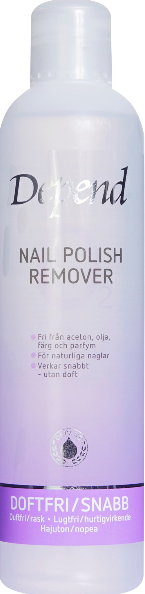 A white bottle of nail polish remover with purple and black text, featuring a small logo at the bottom.