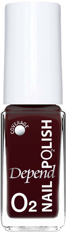 A bottle of Depend Nail Polish in dark red color with white cap and label.