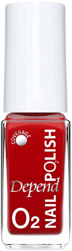 Red nail polish bottle with white cap, labeled Depend O2 Nail Polish, covers nails.