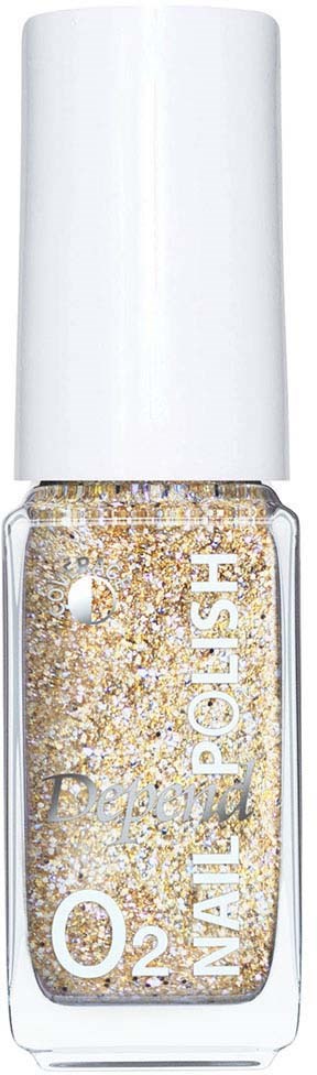 Kultainen glitterkynsilakka pullo valkoisella kannella ja selkeällä etiketillä.