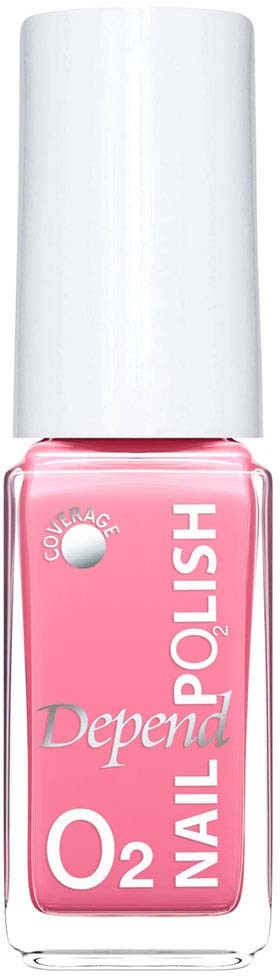 A pink bottle of Depend O2 Nail Polish with a white cap, labeled 'Coverage' on the front.
