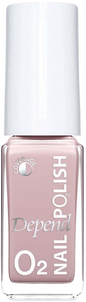 Pink nail polish bottle with white cap, labeled 'Depend' and 'O2 Nail Polish'.