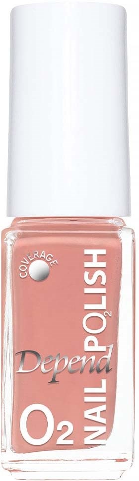 Rosa nagellacksflaska med vit lock, märkt 'Depend O2 Nail Polish' och 'Coverage'.