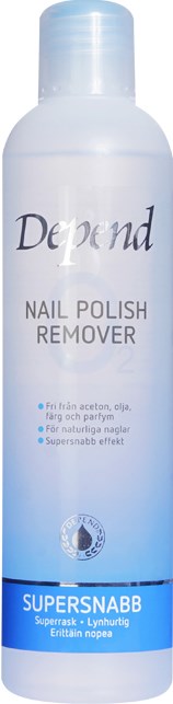 En vit flaska nagellacksborttagning märkt "Depend" med blå detaljer och en blå kork.