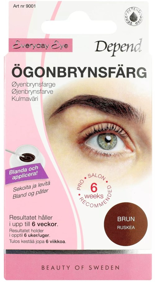 Schachtel mit Augenbrauenfarbe für den Heimgebrauch, zeigt ein Auge, Produktdetails und Anweisungen auf Deutsch.