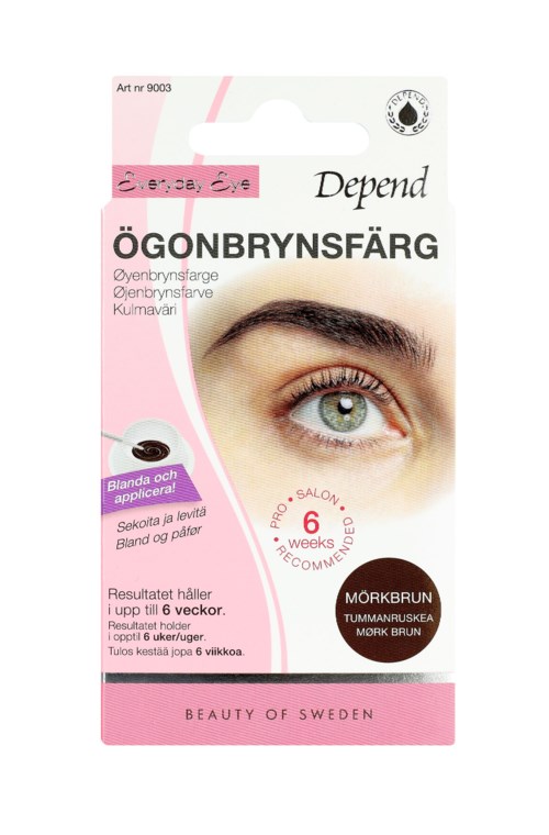 Eye brow dye package with image of a person's eye and eyebrow, pink and white design, and product details in multiple languages.