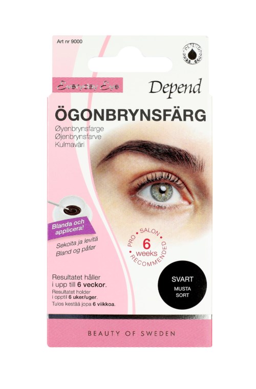 A box of eyebrow dye for darkening eyebrows, lasts up to six weeks, and is suitable for cosmetic use.