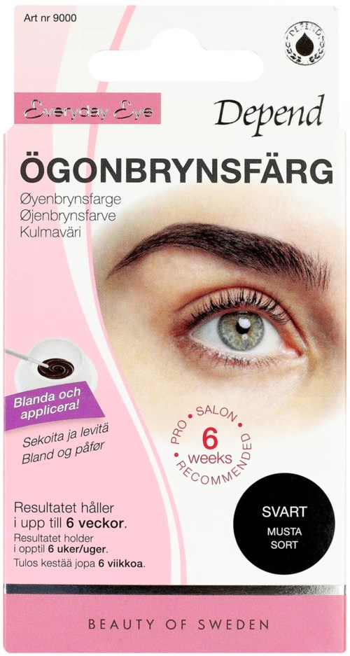 Eyebrow dye kit, black color, temporary, lasts six weeks, easy to apply, for a natural look.