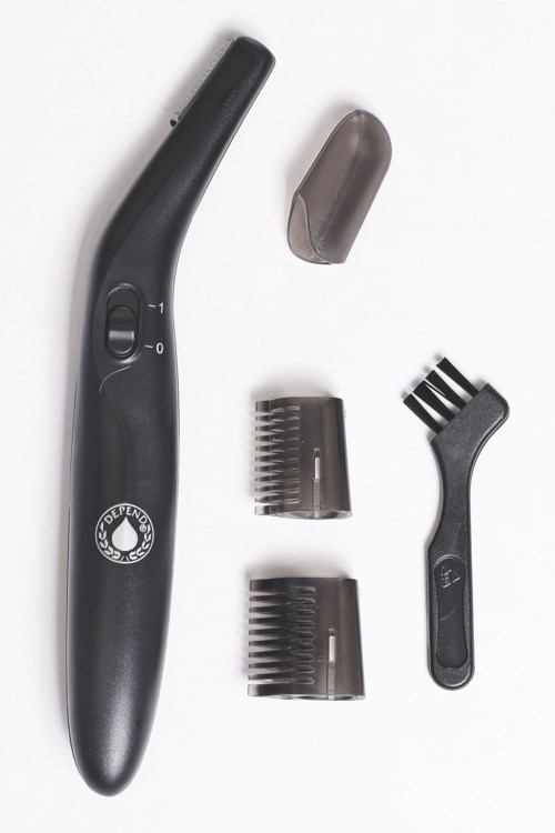 Electric nose hair trimmer with two attachment guides and a cleaning brush.