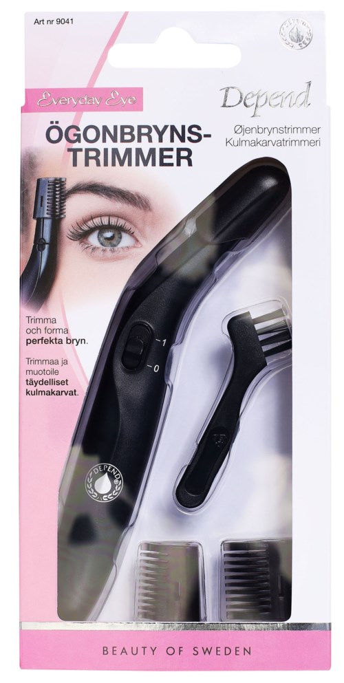 An eye trimmer with a black handle and attachments, packaged in a pink and white box with text in Swedish.