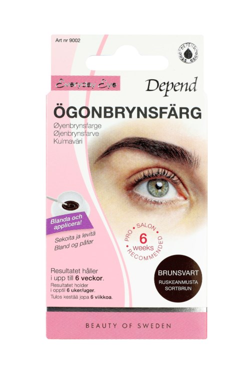 A box of eyebrow dye for coloring eyebrows. It features a photo of a woman's eye and instructions in Swedish.