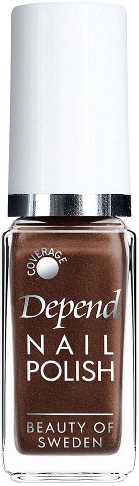 Bruine nagellakfles met witte dop en zilveren ring, labeled 'Depend Nail Polish' uit Zweden.