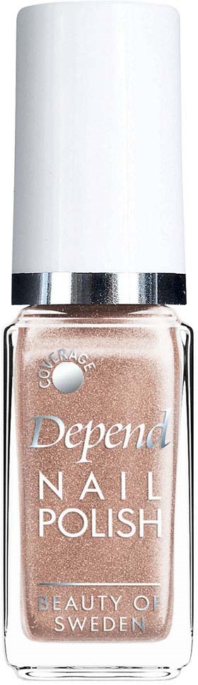 Eine Flaschebeigen Nagellack mit weißem Deckel und Silberring, beschriftet 'Depend Nail Polish'.