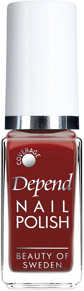 Rote Nagellackflasche mit weißem Deckel, beschriftet "Depend Nail Polish" aus Schweden.