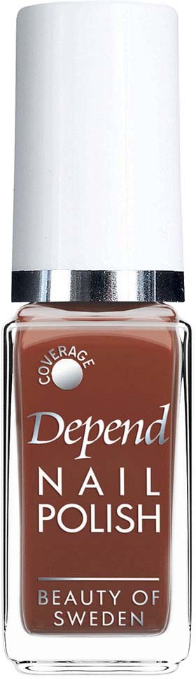 Eine Flasche Nagellack von Depend in braun mit weißen und silbernen Details.