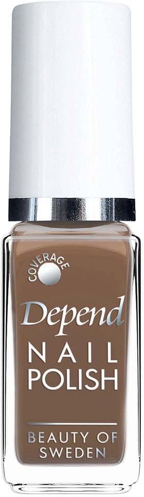 Eine Flasche beigen Nagellacks mit weißem Deckel und Silberstreifen, beschriftet 'Depend Nail Polish' aus Schweden.