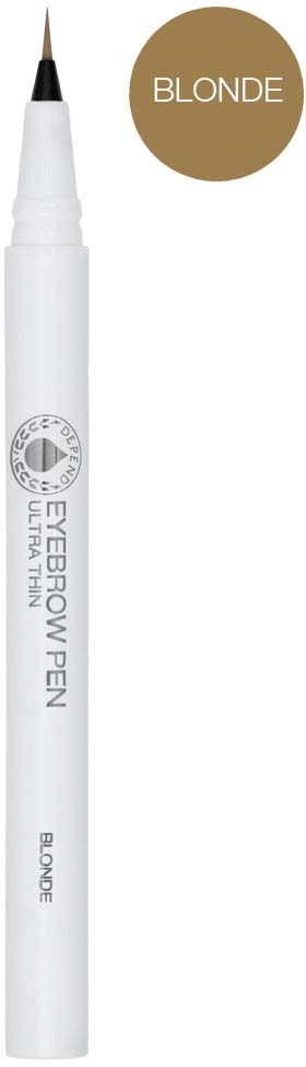 A white eyebrow pen with a pointed tip and a brown label that says "BLONDE".