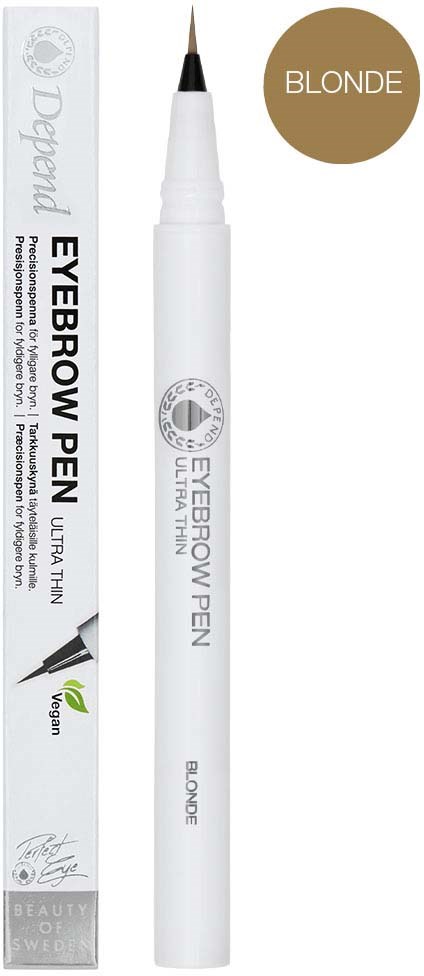 A white eyebrow pen in a box with text, needle tip visible, and a brown circle labeled 'Blonde.'