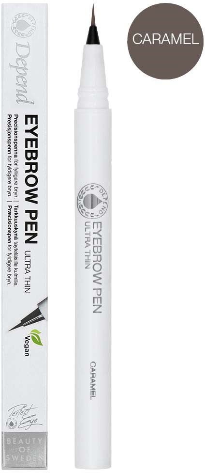 A white eyebrow pen with a black tip, along with its packaging, indicating it is caramel-colored and vegan.