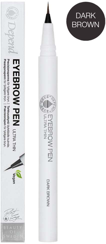 A white eyebrow pen with a black tip and dark brown label, alongside its box, indicating it's vegan and long-lasting.
